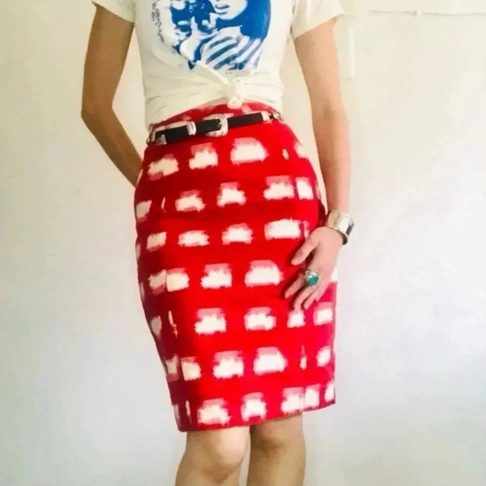 Anthropologie Corey Lynn Calter Ackee Red Motif Linen Blend Pencil Skirt Size 2